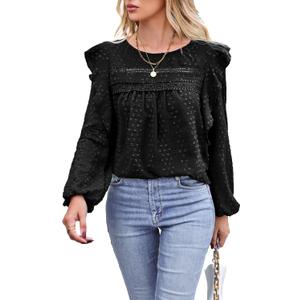 Women's Long Sleeve Blouse Loose Casual Crewneck Shirts Boho Floral Swiss Dot Ruffle Tops 2026 Spring Dressy Tunic