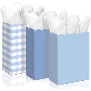 Kolldenn 24 Pcs Blue Gingham Party Supplies Gift Bags with Handles Scallop Kraft Paper Treat Candy Goodie Party Favor Bags for Baby Shower Birthday Wedding Decor