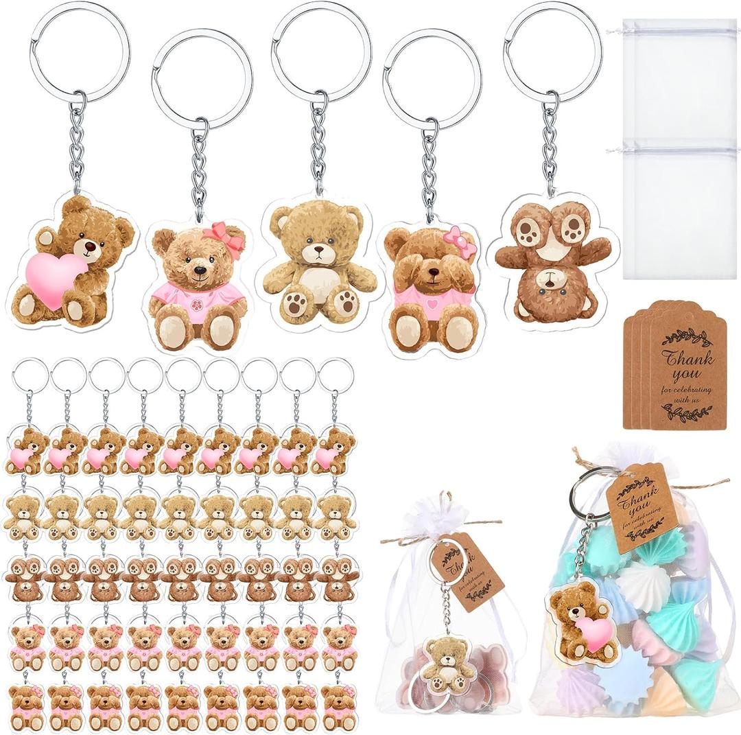 Wettarn 50set Bear Baby Shower Favors Pink Bear Baby Shower Party Favors Return Gifts Souvenirs for Guest Includes Keychains Thank You Tags and Organza Bags for Girls Birthday Party Supplies