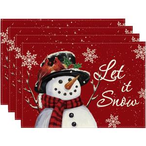 Artoid Mode Red Snowman Let It Snow Winter Placemats Set of 4, 12x18 Inch Seasonal Christmas Holiday Table Mats for Party Kitchen Dining Decoration