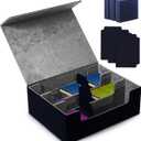 Frenchie Boss -Trading Cards Storage Box Collector Card Organizer with 3 Dividers & 3 Foam Stoppers Magnetic Closure Faux Leather Card Case for +1800 Capacity MTG YuGiOh Sports Manga (Black/Gray)