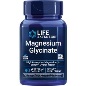 Life Extension Magnesium Glycinate, Heart Health, Bone Health, Nerve and Muscle Support, Highly absorbable, Gluten-Free, Non-GMO, Vegetarian, 90 Capsules (EXP 06/01/28)