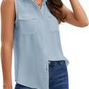 YAMANMAN Women's Sleeveless Button Down Shirts Blouses Solid Casual Tank Top Loose V Neck Summer Top for Work (Blue, S)