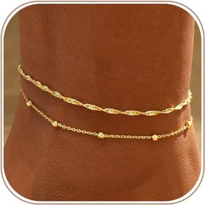 2/3 PCS Gold Anklets for Women Waterproof Cuban Link Anklet Beaded Bracelets Stackable Bracelets 14K Gold Plated Custom Jewelry Gifts Non Tarnish Lightweight