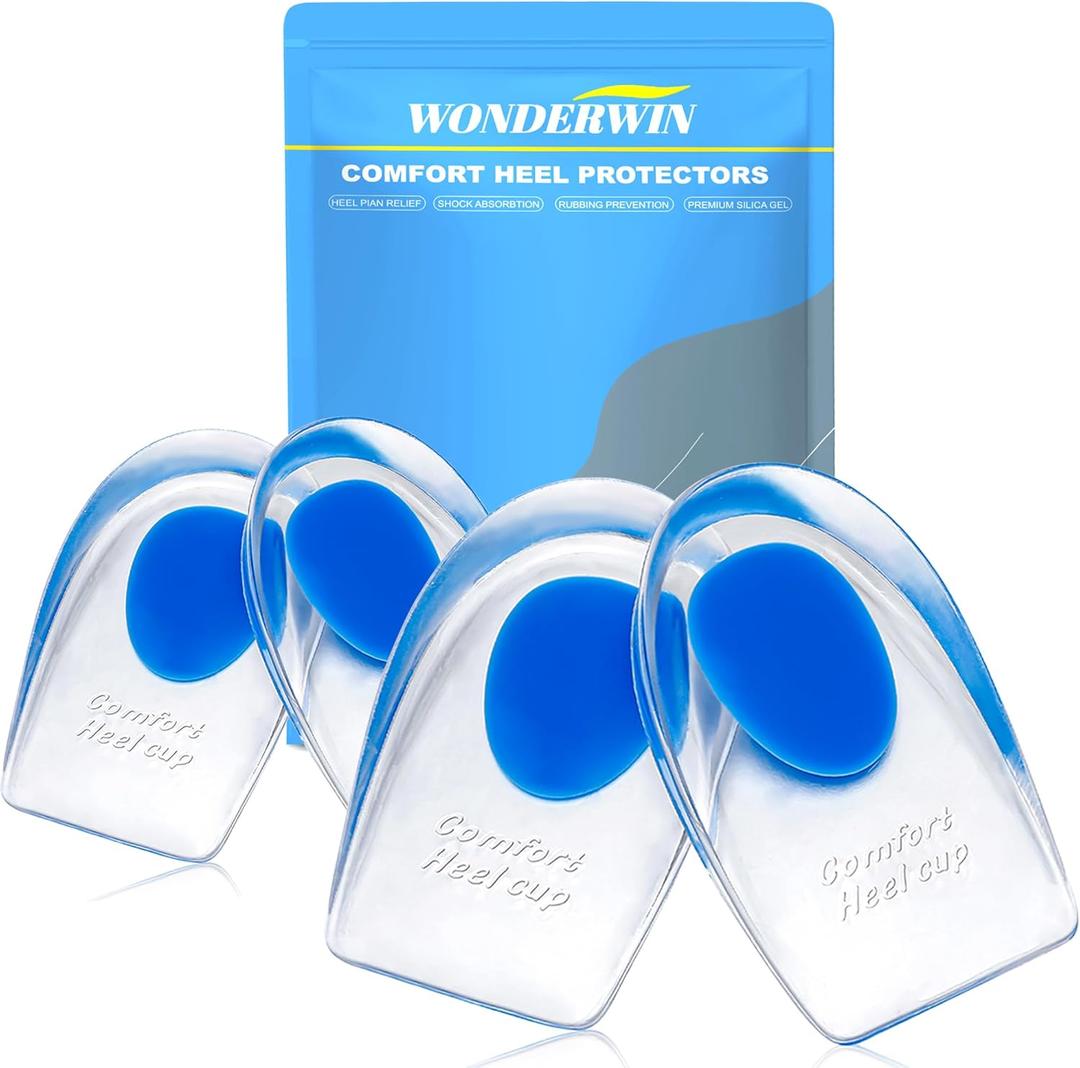 Gel Heel Cups for Heel Pain Relief Shock Absorbing Silicone Inserts for Plantar Fasciitis & Achilles Tendonitis Cushioned Heel Support Pads for All-Day Standing (2 Pairs-Medium)