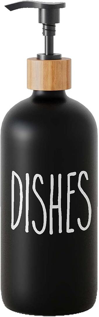 Glass Soap Dispenser for Kitchen Sink and Bathroom - Modern Farmhouse Decor, Hand Soap Dispenser for Kitchen Sink Decor (Black-dishes)