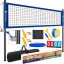 Professional Outdoor Volleyball Net Set with Adjustable Poles & Anti-Sag Design, Portable Volleyball Net Includes Beach Fixed Plate, Scoreboard, Boundary Line and Carry Bag for Backyard Beach Grass (Blue)