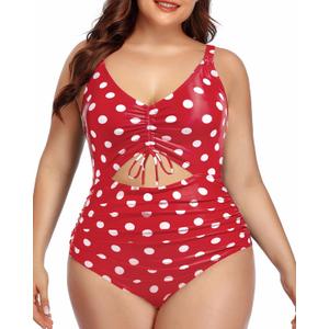 Daci Women Plus Size Cutout One Piece Swimsuits Tummy Control Bathing Suits V Neck Monokini Swimwear (Red and Dot) 18w