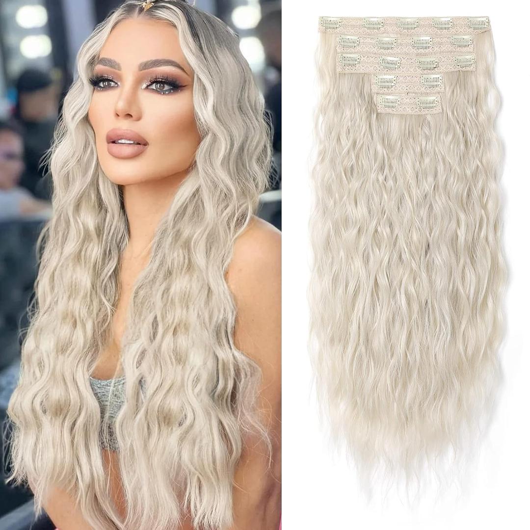 Hair Extensions, REECHO Blonde Clip in Hair Extensions 24" Thick Long Loose Waves hair extensions HE002 Invisible Lace Weft Natural Soft Hairpieces for Women  Platinum Blonde (24 Inch-220 Gram(Pack of 5))