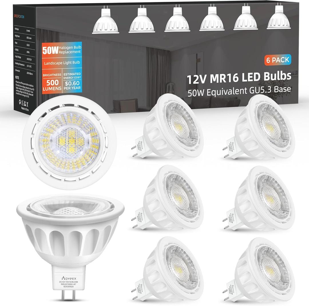 MR16 LED Bulbs 50W Halogen Equivalent Landscape Light Bulbs, 5000K Daylight White 5W GU5.3 MR16 12V Spotlight Bulb, Not Dimmable 40 Beam Angle for Landscape, Recessed, Track Lighting 6 Pack