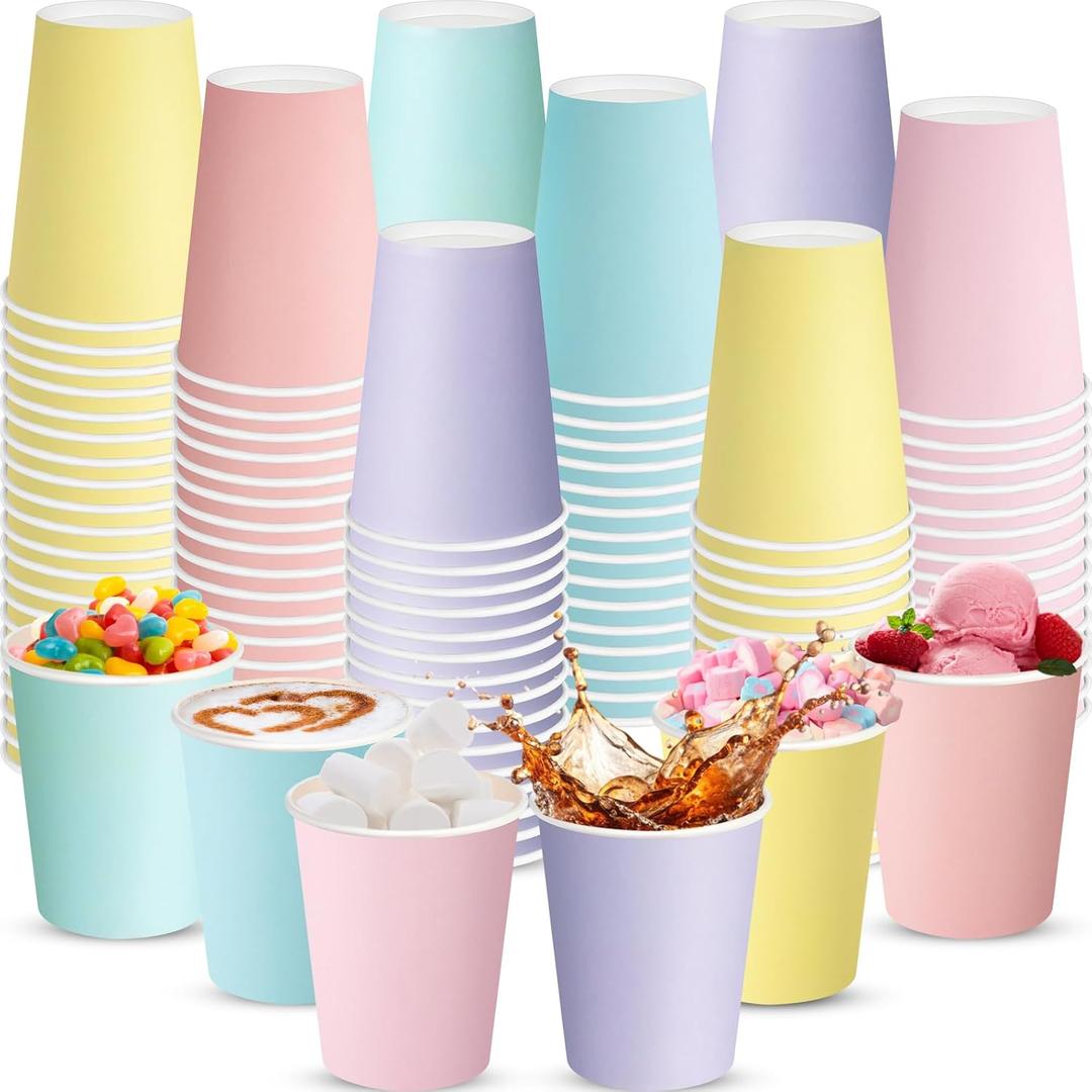 Zhehao 120 Pcs Pastel Disposable Cups Summer Paper Coffee Color Paper Cups for Pastel Rainbow Birthday Party Supplies Holiday Table Decorations (8 oz)