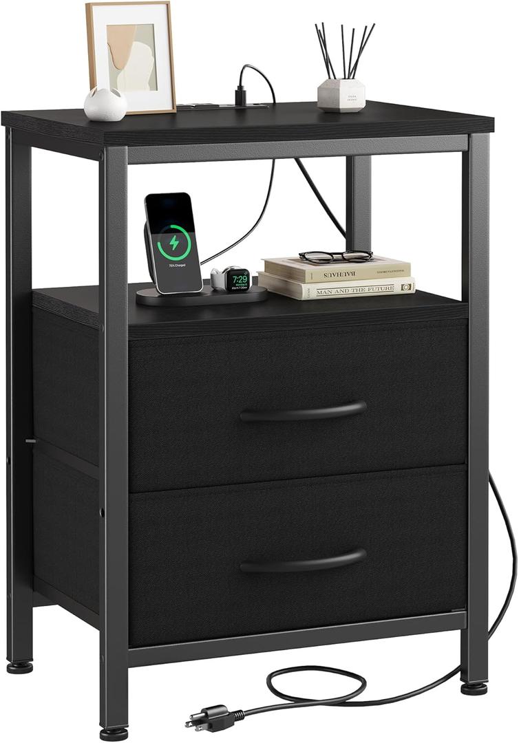 DUMOS Nightstand with Charging Station Built in USB Ports and AC Outlets Bedside Table with Adjustable Fabric Drawer and Open Shelf Modern End Table for Bedroom,Black