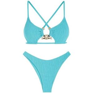 ZAFUL Women's Sexy Cutout Bikini Set High Cut Textured Metal Ring Cheeky Swimsuit Two Piece Bathing Suit M
