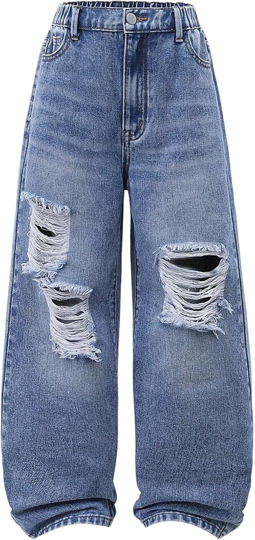 Girl's Y2k Ripped Baggy Jeans Distressed Elastic Waist Straight Leg Denim Pants with Pockets (Blue), 12 Y
