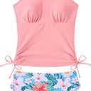 Funnycokid Teen Girls Swimsuit Padded Bathing Suit 2 Piece Tankini Contrast Trim Ruched Design Swimwear (9-10 Years, Floral Pink)
