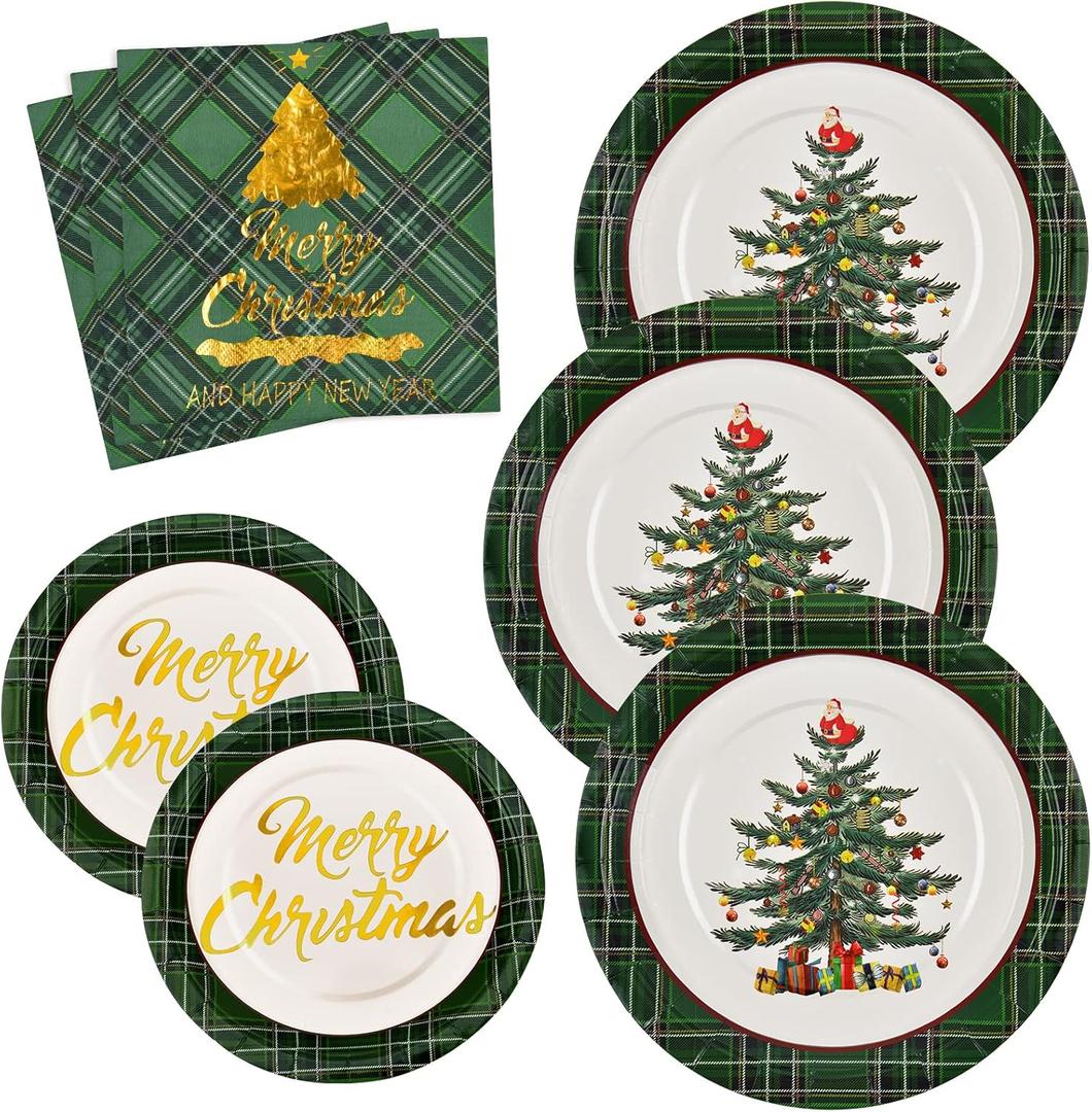 NatuBeau 200 Pcs Christmas Plates and Napkins Christmas Tree Party Supplies Christmas Dinnerware Set Including 50 Paper Plates 50 Dessert Plates 100 Napkins Serves 50 Guests, Green