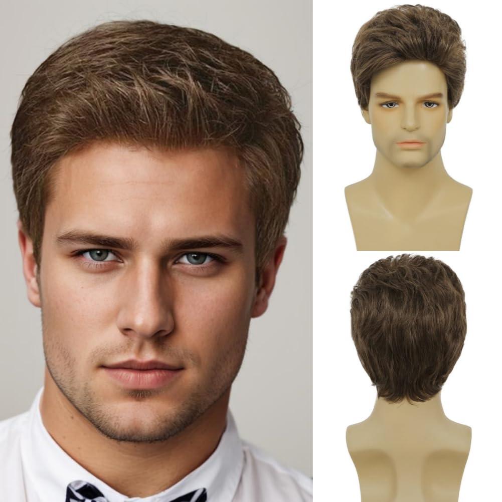 Swiking Mens Short Brown Wig Layered Synthetic Reality Hair 80s Costume Wigs Daily Replacement Wig for Male Guy (Brown)