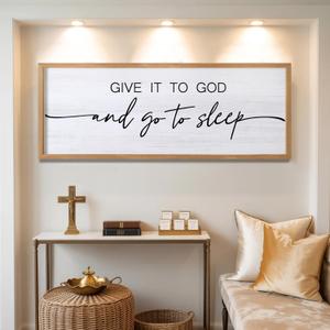 Give It to God and Go to Sleep Decorative Rustic Sign & Plaque Framed Wall Art for Couples, 40''15'' Vintage Cottagecore Wooden Horizontal Wall Decor Above Bed, Farmhouse Wedding Gift for Bedroom