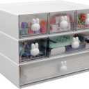 3 Packs Stackable Desk Organizer Drawers, Plastic Desktop Organizer Storage Drawers, Makeup Organizer Drawers with 6 Drawers and 9 Rabbit Handles for Home, School, Dressing Table (Small)