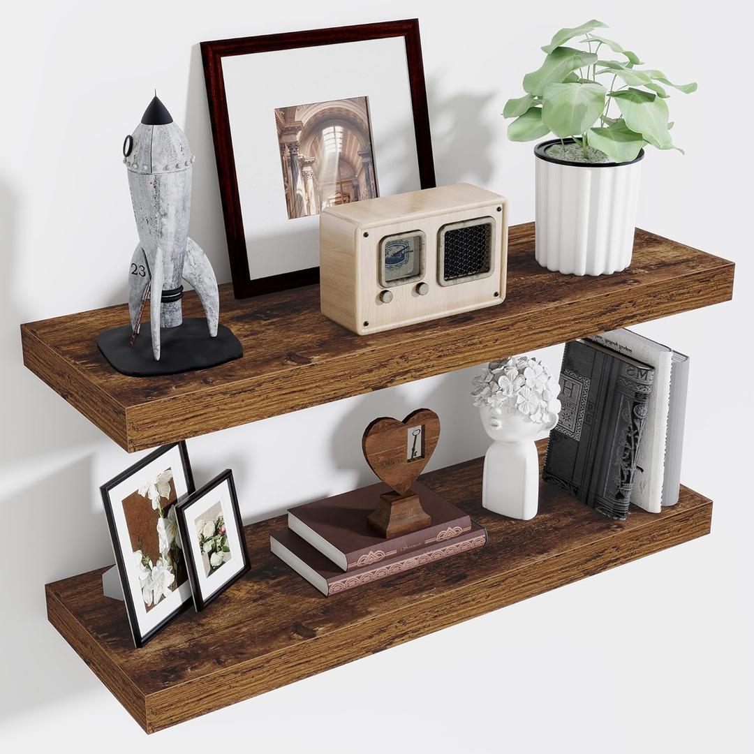 Fun Memories Floating Shelves for Wall, 32 Inch Long Floating Shelves Set of 2, 32 x 10 Wooden Shelves for Wall, Large Storage Shelves, Hanging Shelves for Bathroom Kitchen Bedroom, Rustic Brown (31.5W x 9.8D x 1.5H, Set of 2)