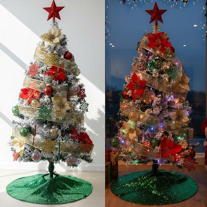 Lunmon 44 Pcs 4 ft Half Christmas Tree for Wall Corner Christmas Tree with Xmas Ball Light String Icicle Flowers Snowflake Ribbon Top Star for Holiday Indoor Party Decoration (Frost White)