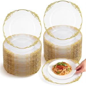 Havawish 50 Pcs Clear Gold 13 Inch Baroque Charger Plates Bulk Sturdy Acrylic Dinner Plates with Elegant Embossed Edge for Wedding, Banquet, Party Decor and Table Setting