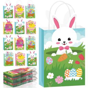 Sweetude 24 Pcs Easter Gift Paper Bags with Handles Bulk Bunny Egg Goodies Bag with Happy Easter for kids Spring Party Favor Supplies Candy Cookie Treat Goodies Gift Wrapping
