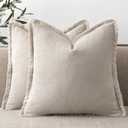 ANRODUO Set of 2 Decorative Throw Pillow Covers 2424 Inch Soft Linen Fringe Farmhouse Boho Vintage Cushion Covers with Tassels Accent Pillowcase for Couch Sofa Bed Living Room Decor Natural Beige