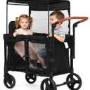CAtArt Wagon Stroller for 2 Kids, Double Seater Push Stroller with Canopy | Ventilation Mesh | Push Pull Wagon for Kids with Removable Seat Pads, One-Hand Fold & Large Storage (Black)