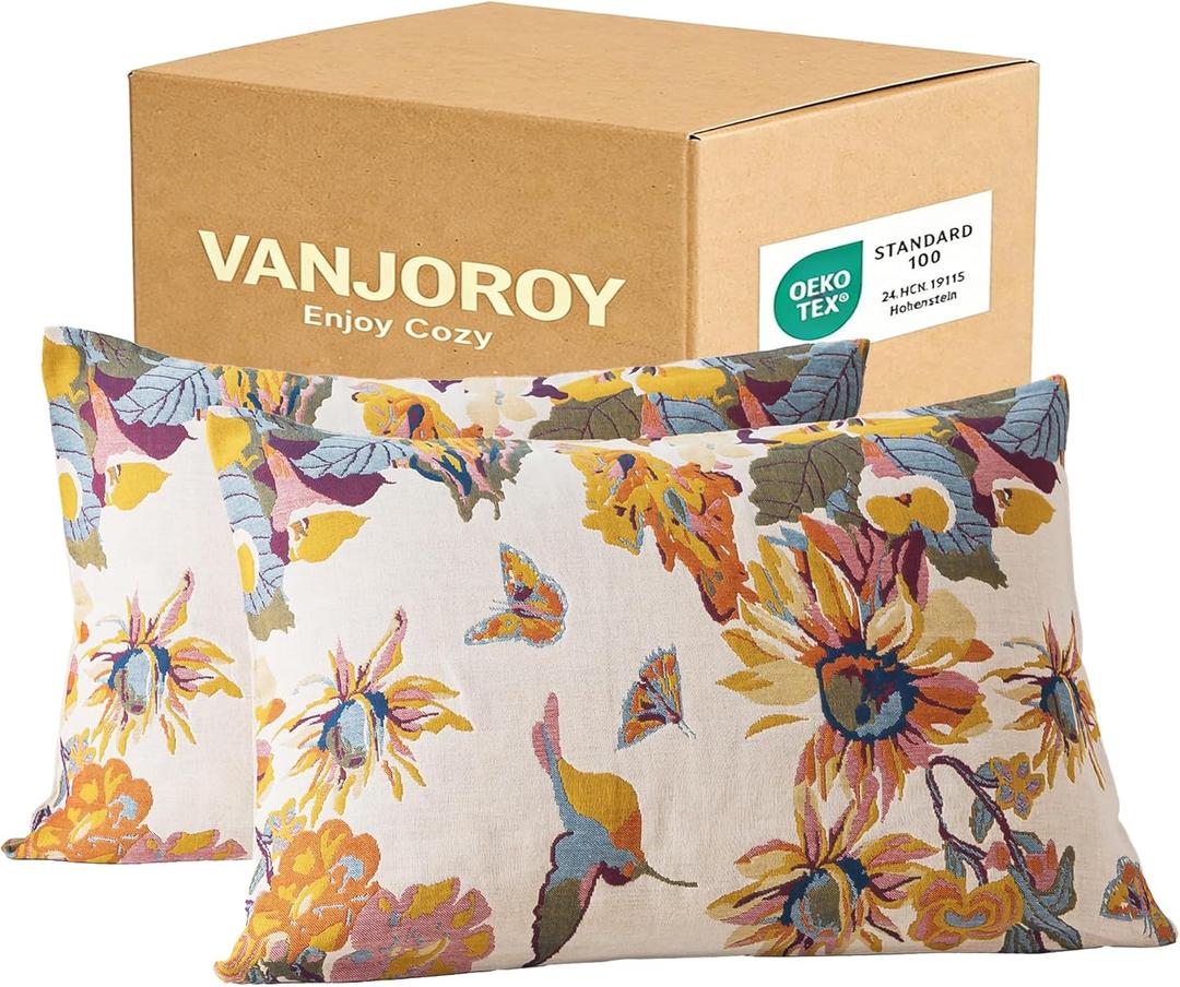 100% Organic Washed Cotton Queen Pillowcases for Skin-Friendly Set of 2-1000 Thread Thick Count 20x30 Inches Luxury Boho Pillow Cases, Muslin Bird Floral Pattern Pillow Cover -Beige (Ink Flower)