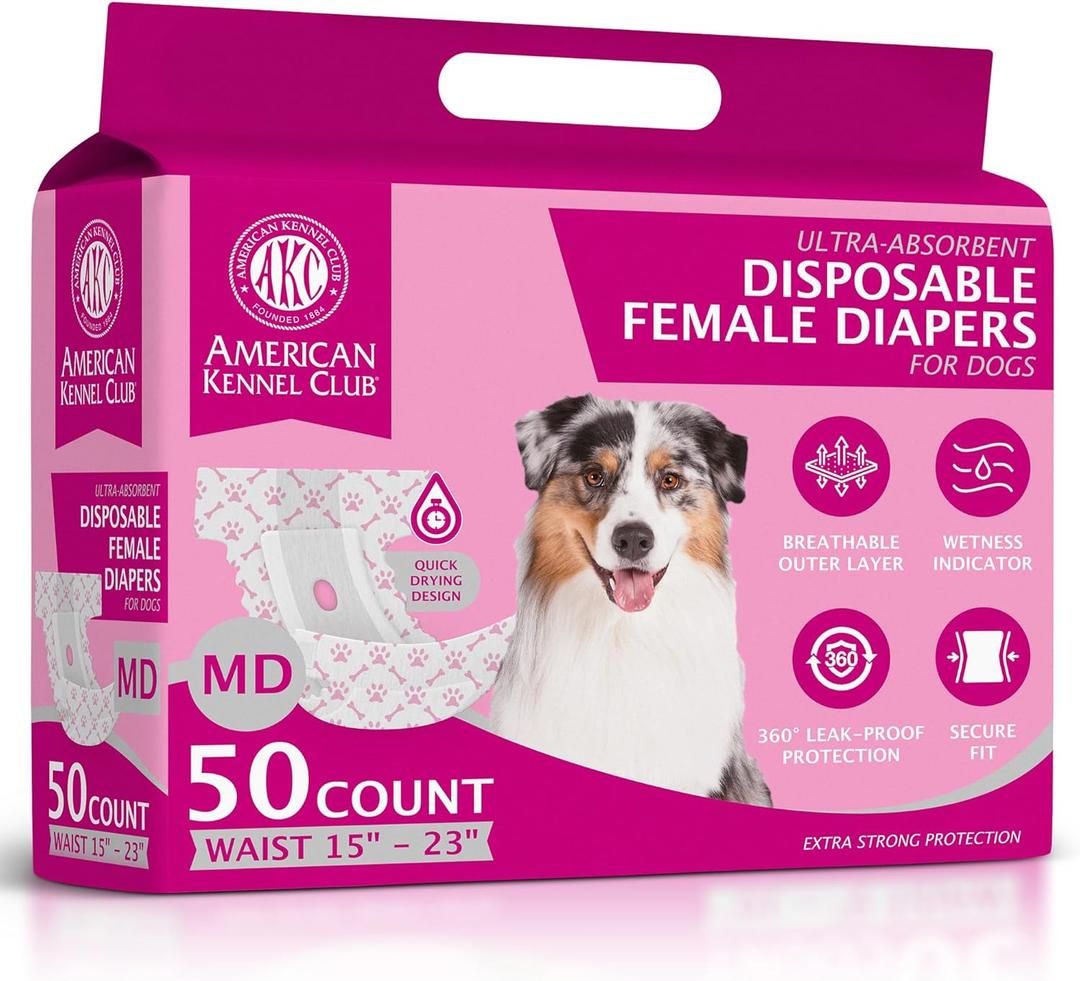 American Kennel Club Female Dog Wrap, Disposable Diapers with Wetness Indicator (M (1523 in), 50, Count)