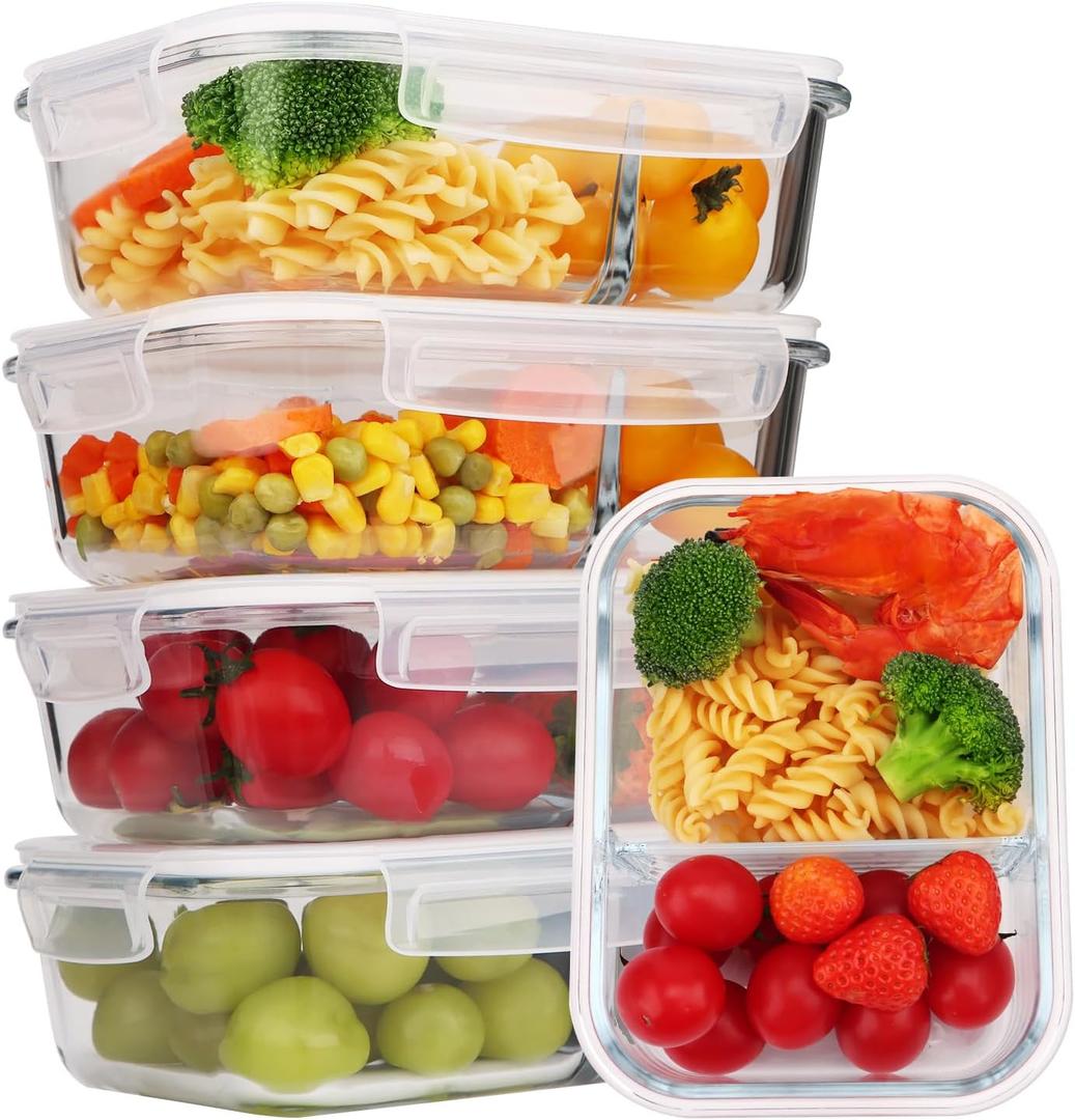 5-Pack Glass Storage Containers,Glass Food Container with Lid,Lunch Box,Bento Box,Storage Box,Meal Prep Containers,Lunch Containers,Fruit Preservation Boxes,Two-partition-White (2 Compartment)