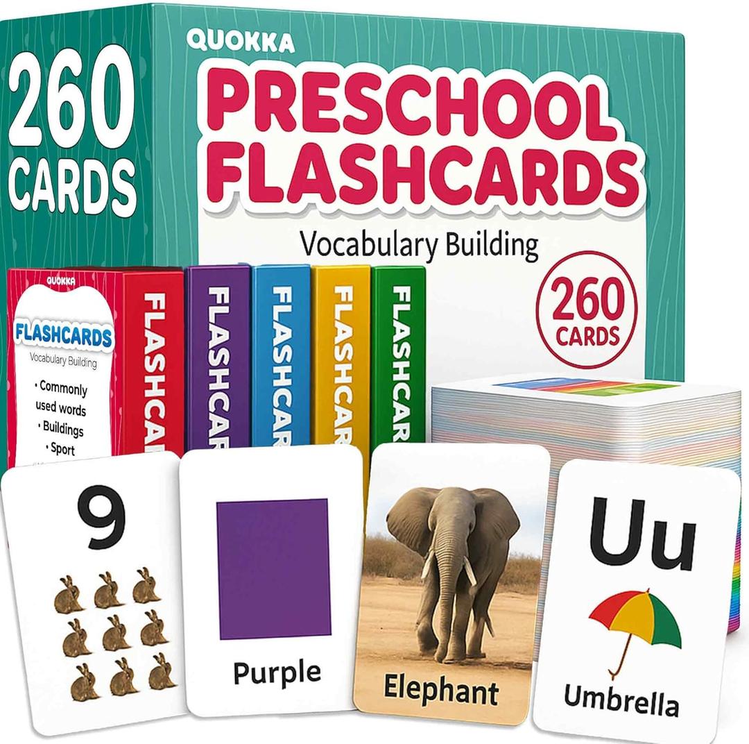 QUOKKA 260 Flash Cards for Kids Ages 3-5 with Realistic Images  Pre K Flash Cards Age 4-5 for Toddlers & Preschool, Alphabet, Numbers, Shapes, etc with 30 Learning Activities Color-Coded for Sorting