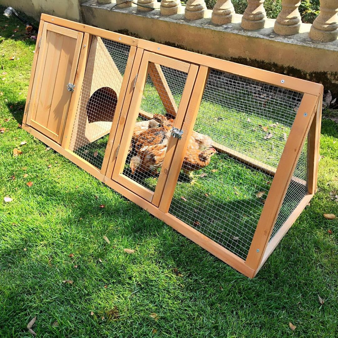 Rabbit Hutch Outdoor Chicken Coop Run A-Frame Bunny Cage Wooden Quail Cage w/ 2 Door & Ventilated Wire Fence Small Animal Cage for Garden Backyard Farms 47 x 18 x 19.5 in