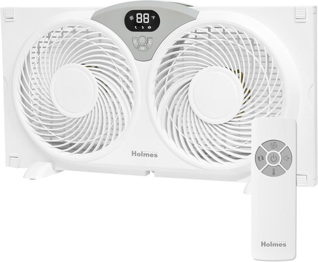 Holmes 9" CleanBreeze Digital Window Fan Thermostat, Remote Control, Adjustable Extender Panels, Water-Resistant Design, White