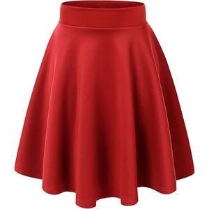Women's Plus Size Midi Skater Skirt- Basic Versatile Stretchy Flared Casual High Waisted A-line Knee Length Skirt with Shorts Red, XL
