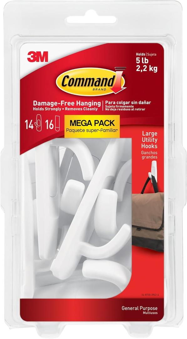 Command 5 lb Large Utility Hooks, 14 Hooks and 16 Strips, Damage-Free Hanging Wall Hook with Adhesive Strips, No Tools Required, Great for Home Kitchen Office Organization (White)