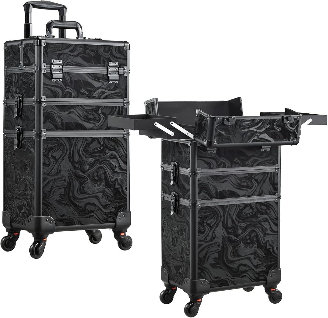 FRENESSA 3 in 1 Rolling Makeup Train Case Professional Cosmetic Trolley Large Storage with Keys Swivel Wheels Salon Barber Case Traveling Cart Trunk for Make Up Hairstylists Nail Tech, Alpine Black