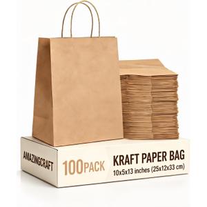 100-Pack Large Kraft Paper Bags 10"x5"x13" (25x13x33 cm), Brown with Handles, Ideal for Retail, Wedding Favors, Party Gifts, Boutiques, Bakeries, and Business Events
