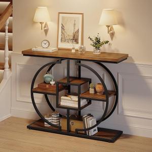 GiftGo Narrow Console Table for Entryway Industrial 4-Tier Sofa Table Behind Couch with Circle Base Rustic Wooden Accent Tables with Storage Shelves for Living Room, Hallway, Foyer (Brown), 41.3 x 11.8 x 31.5 inches