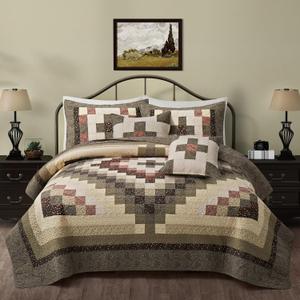 5 Peice Cotton Queen Size Bed Quilt Bedding Set Green Cream Quilt Sets with Shams Patchwork Plaid 96"x96" Farmhouse Bedspread Coverlets Set