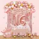 Amandir Sweet 16 Party Decorations, 16th Birthday Decorations for Girls Rose Gold Pink Foil Number Balloons Table Cloth Crown Sash Fringe Curtains Happy Birthday Banner Butterfly Party Supplies