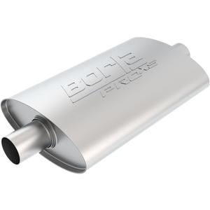 BORLA 40364 ProXS Universal Perfrormance Muffler 2.5" Center Inlet 2.5" Center Outlet 4" x 9.5" Oval x 14" Long Body 19" Overall Length Un-Nothed Necks Reversible Design T-304 Stainless Steel