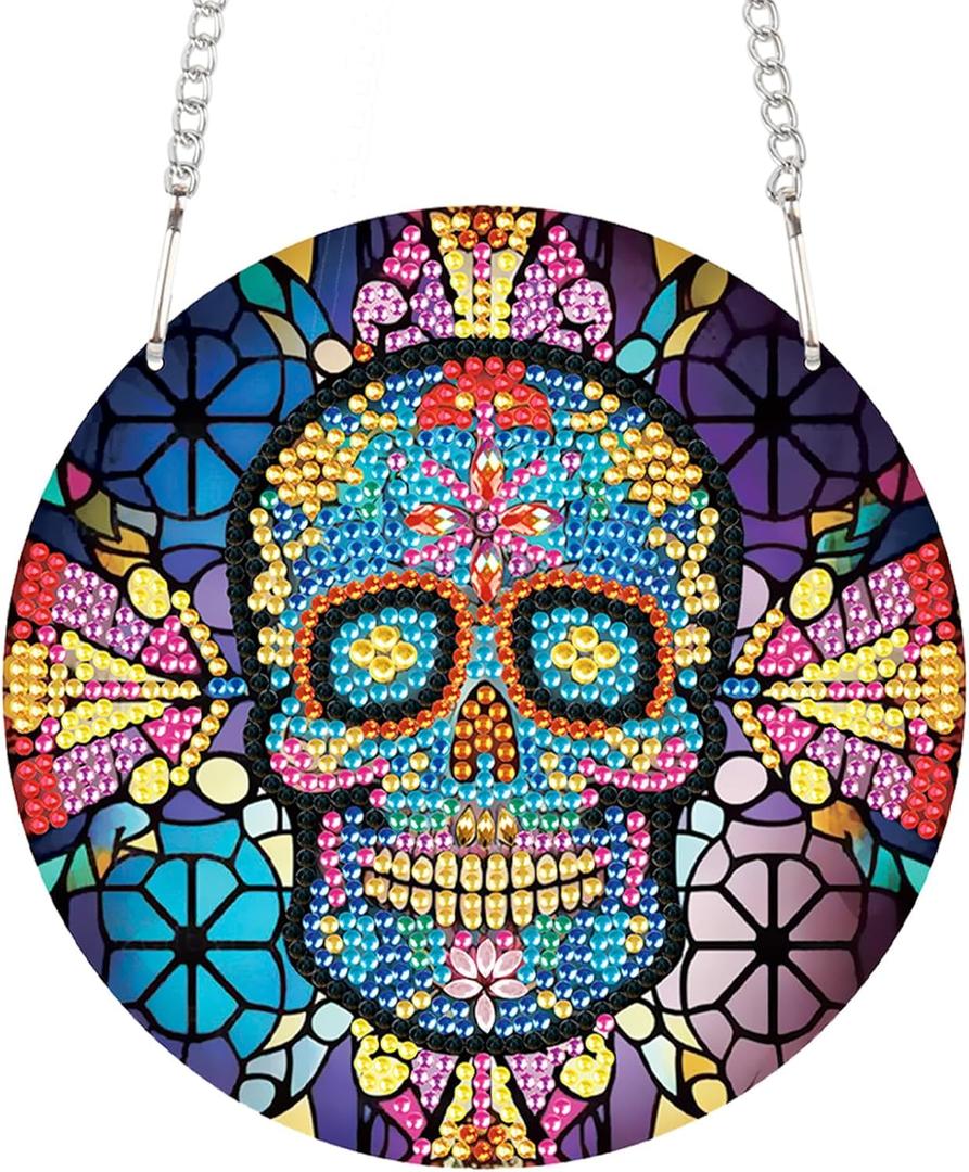 AiYuanzsh Diamond Art Painting Hanging Pendant  DIY 5D Skull Special Shaped Rhinestones Diamond Painting Hanging Kits, Crystal Suncatcher Ornament for Adults, Halloween Wall Window Door Decoration