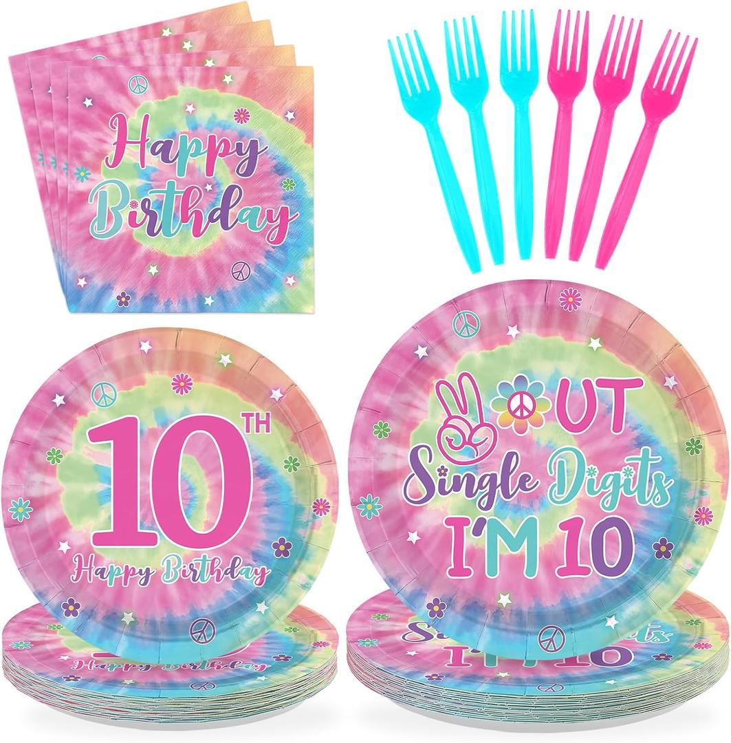 96 Pcs Tie Dye 10th Birthday Party Decorations Out Single Digits I’m 10 Plates and Napkins Disposable Rainbow Pastel Macarons Tableware Set for Girls 10 Years Old Birthday Party Supplies Serves 24