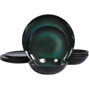 Melamine Dinnerware Set, 12pcs Plates and Bowls Set, Green Dinner Dishes Set for Indoor and Outdoor, BPA-Free, Dishwasher Safe Green