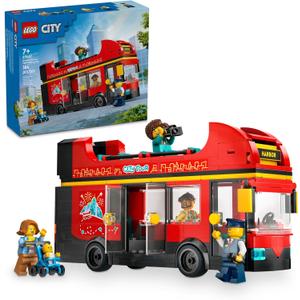 LEGO City Red Double-Decker Sightseeing Bus Toy Vehicle Set, Birthday Gift for 7 Year Olds, for Kids, Double-Decker London Bus Toy, 5 Characters Including a Baby and Stroller, 60407