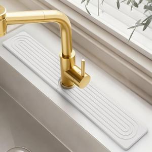 Diatomite Stone Faucet Mat for Kitchen Sink, 23.6 Inch Fast Drying Splash Guard, Super Absorbent Sink Tray Caddy for Dish Soap & Sponge, Bathroom Counter Protector & Organizer, White
