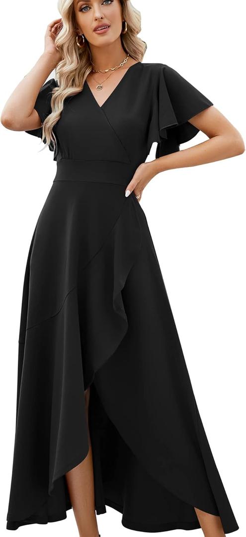 Long Black Formal Dresses for Women Gowns Evening Party Cocktail Dress,Split Elegant V Neck Wrap Ruffle Wedding Guest Dresses (Large)