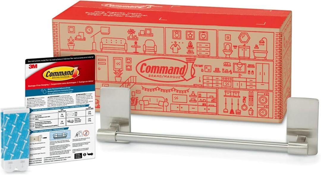 Command Towel Bar with Water Resistant Strips, Organize Your Bathroom, Easy to Open Packaging (9 inches, Satin Nickel)